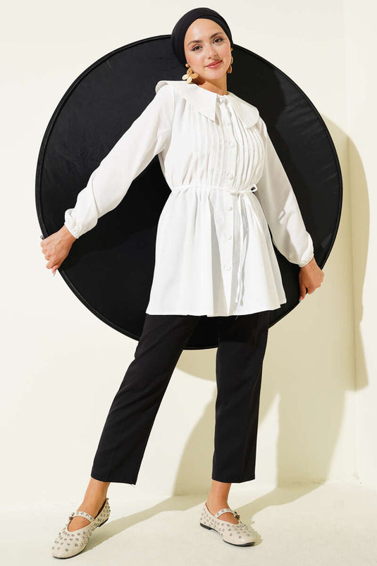 White Pleated Front Sailor Collar Shirt