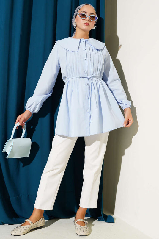 Front Pleated Sailor Collar Shirt, Blue