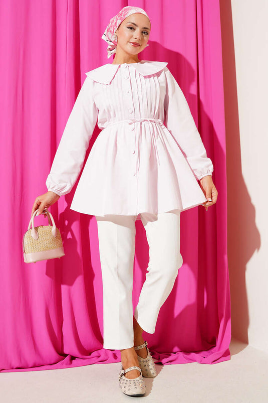 Pink Pleated Front Sailor Collar Shirt