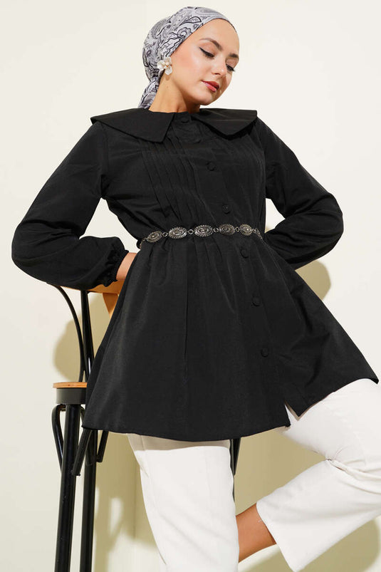 Black Pleated Front Sailor Collar Shirt