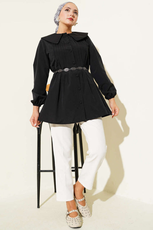 Black Pleated Front Sailor Collar Shirt
