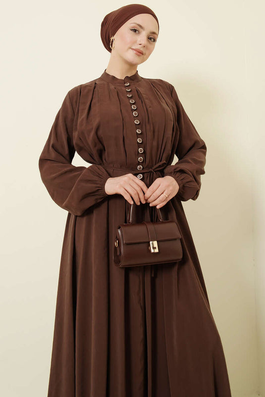 Önü Pileli Düğmeli Modal Elbise Kahve