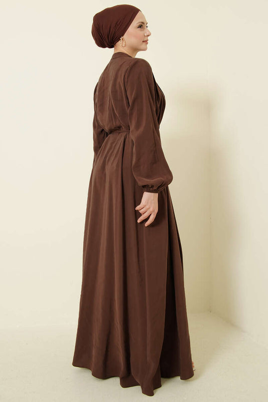Önü Pileli Düğmeli Modal Elbise Kahve