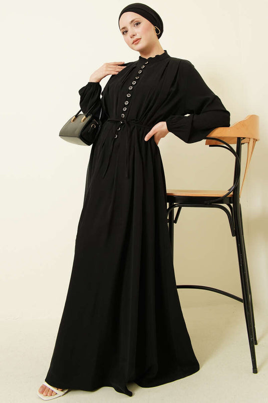 Önü Pileli Düğmeli Modal Elbise Siyah