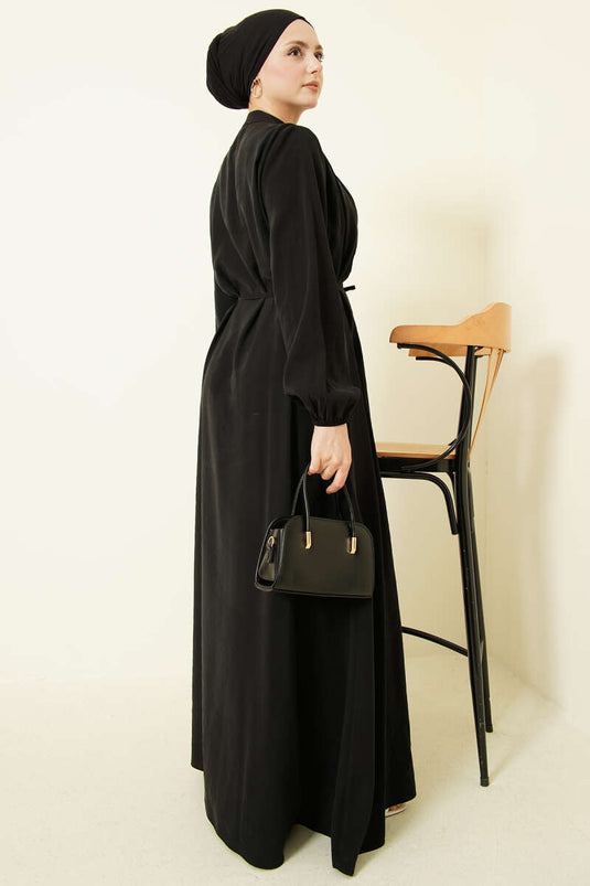 Önü Pileli Düğmeli Modal Elbise Siyah