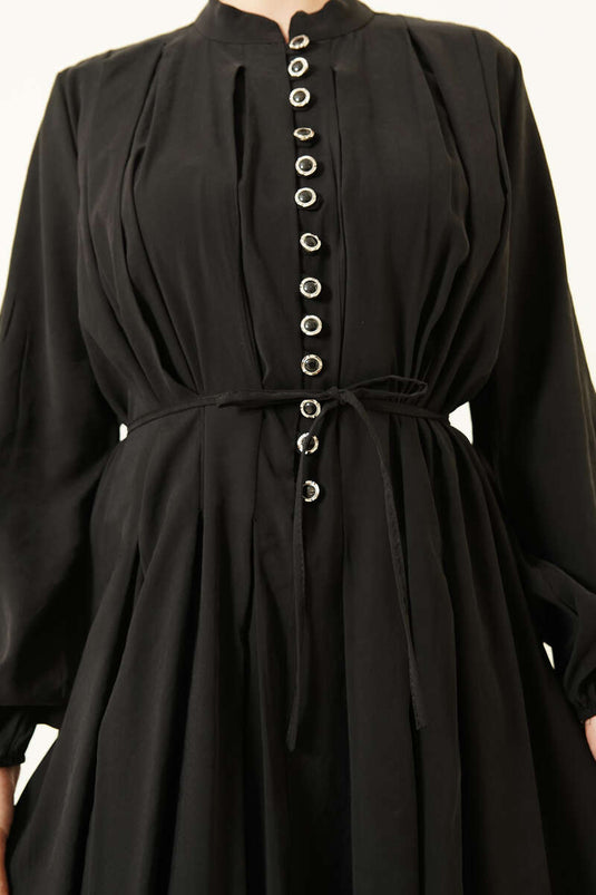 Front Pleated Buttoned Modal Dress Black