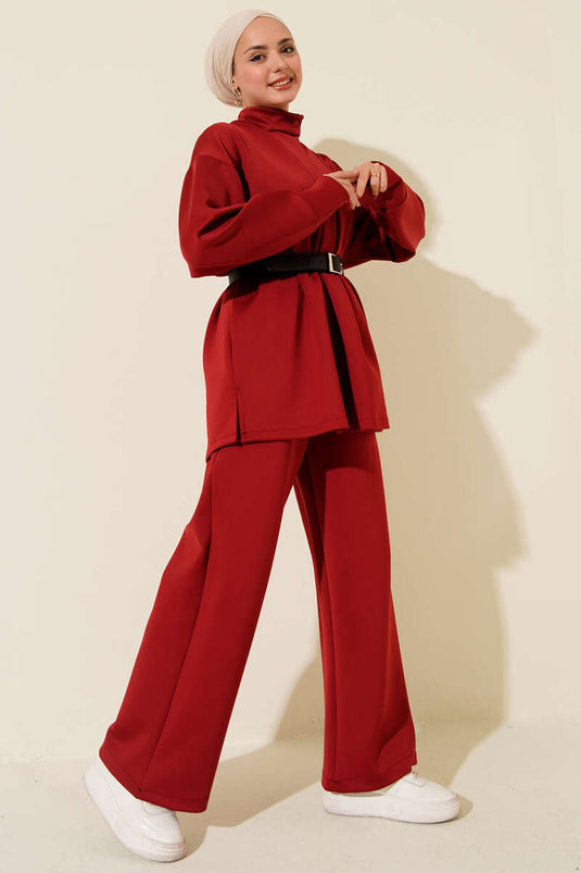 Pleated Belted Scuba Two Piece Suit Burgundy