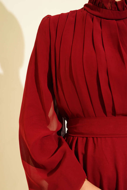 Pleated Front Belted Chiffon Evening Dress Burgundy