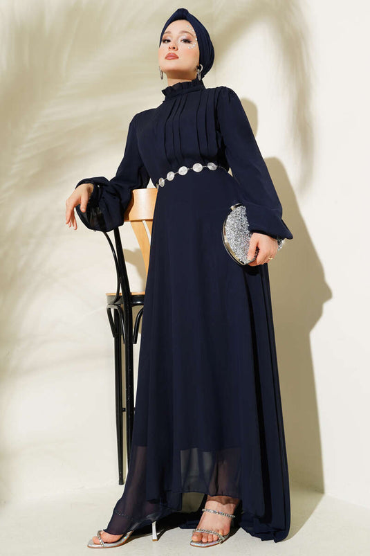 Pleated Front Belted Chiffon Evening Dress Navy Blue