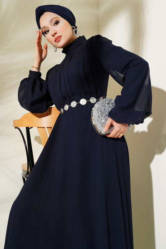 Pleated Front Belted Chiffon Evening Dress Navy Blue