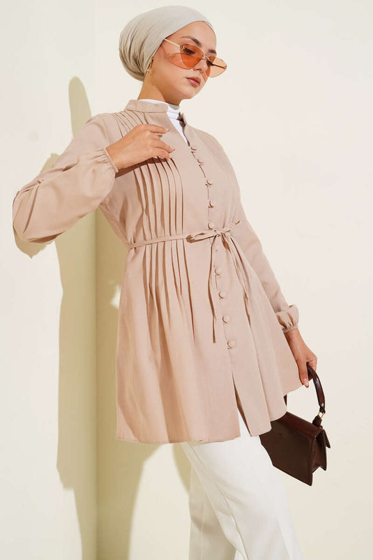 Pleated Front Sweater Shirt Beige