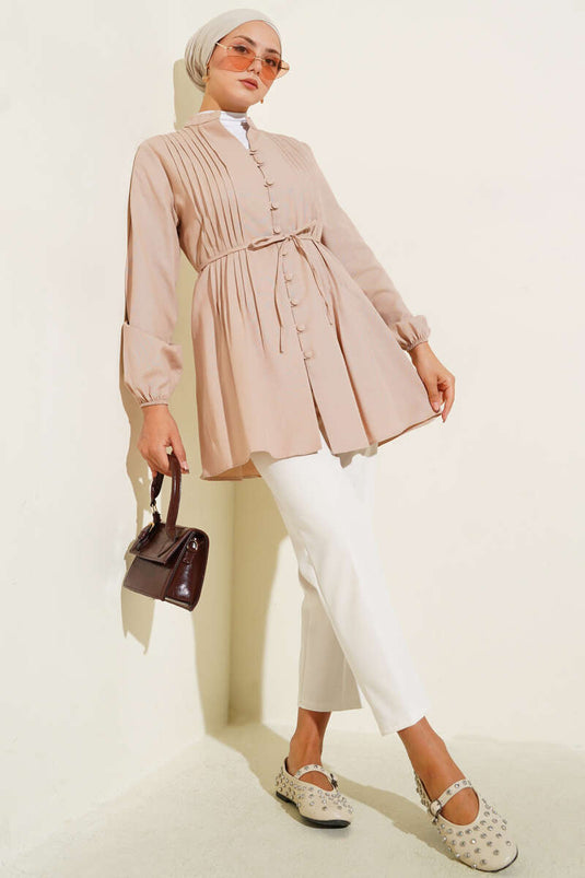 Pleated Front Sweater Shirt Beige