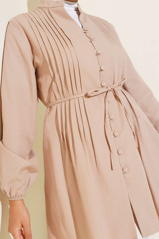 Pleated Front Sweater Shirt Beige