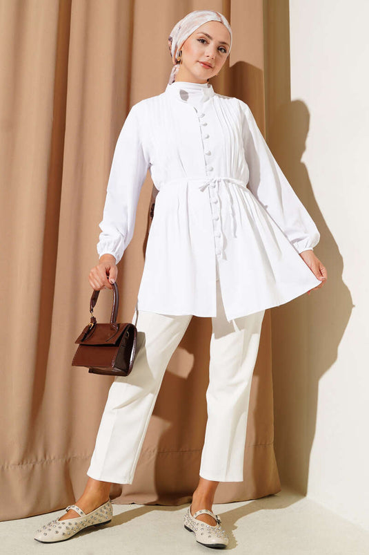 Önü Pileli Terikoton Gömlek Beyaz