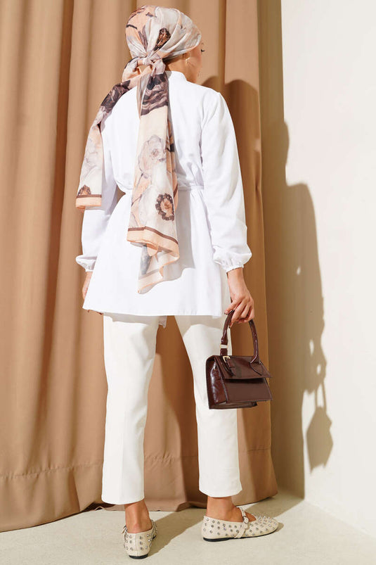 Önü Pileli Terikoton Gömlek Beyaz