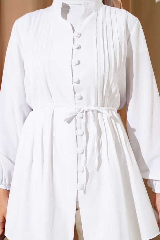 Önü Pileli Terikoton Gömlek Beyaz