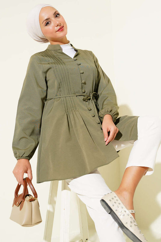 قميص سويت شيرت مطوي من الأمام باللون الكاكي