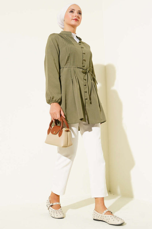 قميص سويت شيرت مطوي من الأمام باللون الكاكي