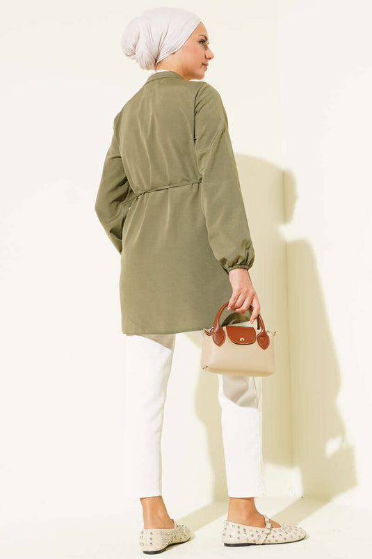 قميص سويت شيرت مطوي من الأمام باللون الكاكي