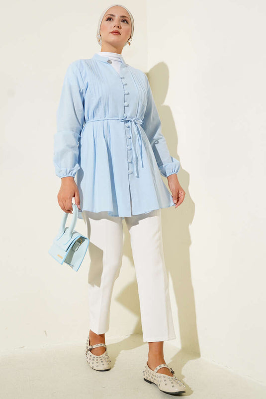 Pleated Front Sweater Shirt Blue
