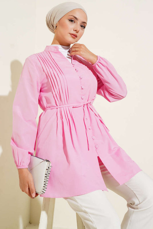 Önü Pileli Terikoton Gömlek Pembe