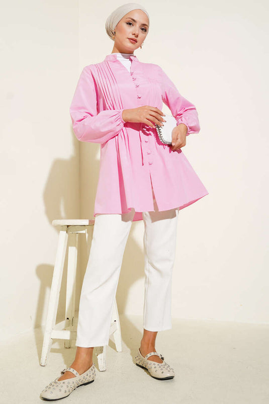 Önü Pileli Terikoton Gömlek Pembe