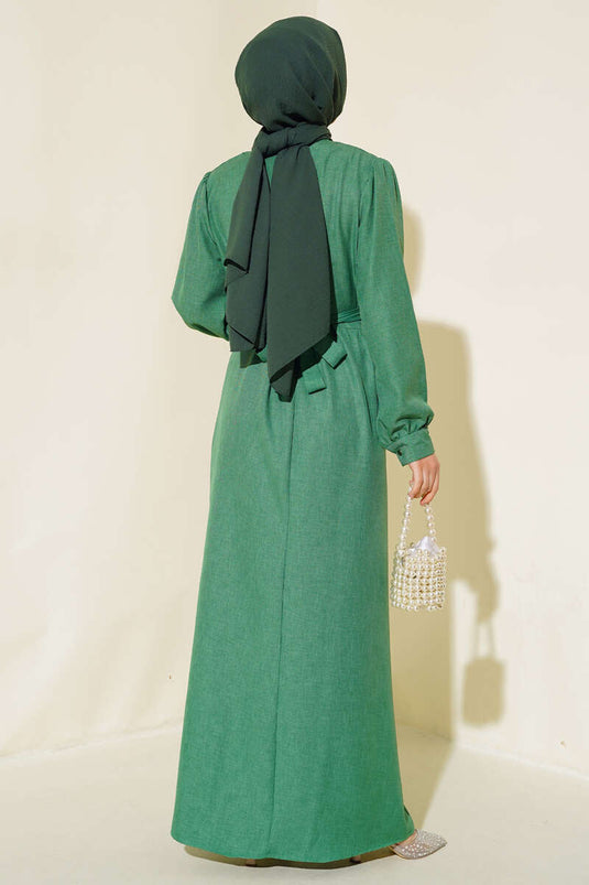 Önü Piliseli Keten Elbise Yeşil