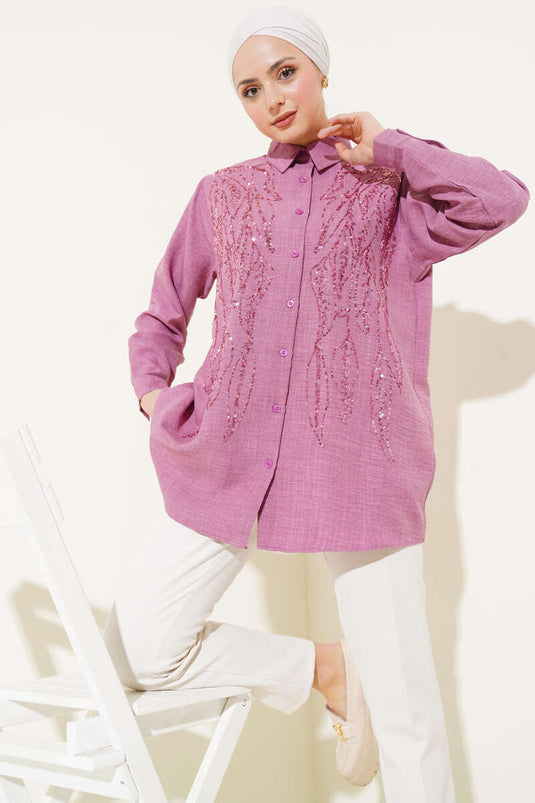 Önü Pul Süslemeli Basic Gömlek Gül Kurusu