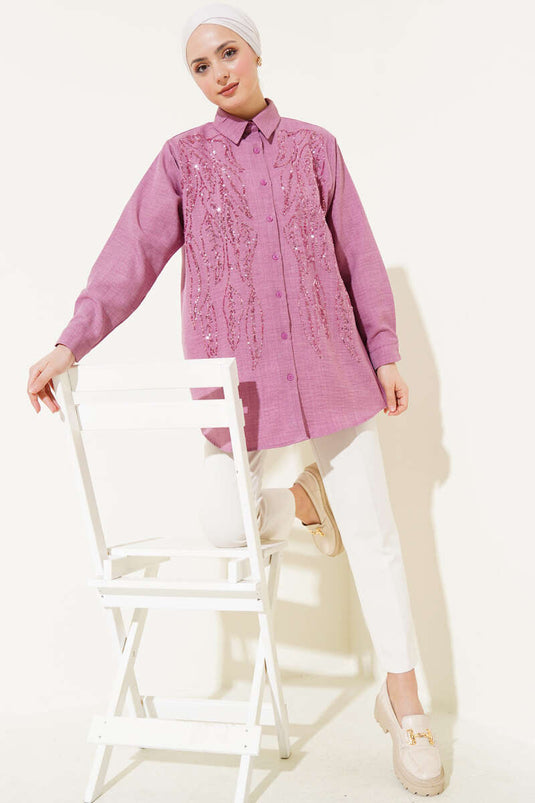 Önü Pul Süslemeli Basic Gömlek Gül Kurusu