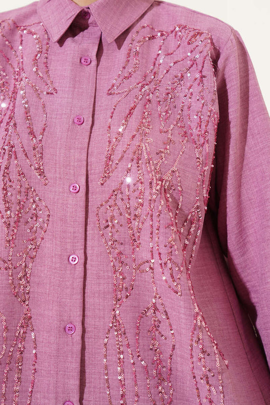 Önü Pul Süslemeli Basic Gömlek Gül Kurusu