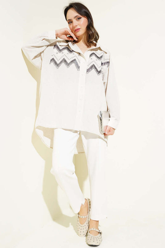 قميص كاجوال مطرز بالترتر وحجر على الجهة الأمامية