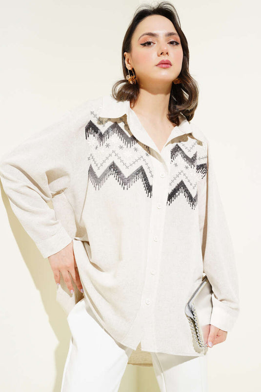 قميص كاجوال مطرز بالترتر وحجر على الجهة الأمامية