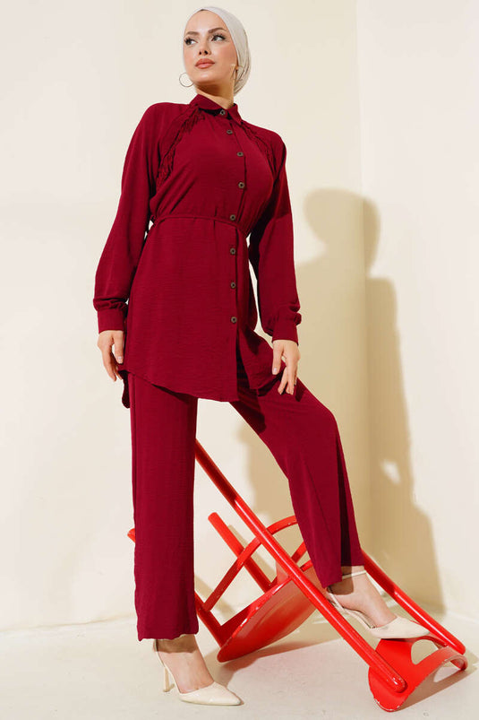 Önü Püskül Detaylı İkili Takım Bordo