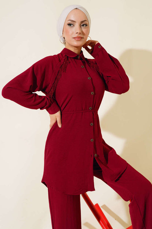 Önü Püskül Detaylı İkili Takım Bordo