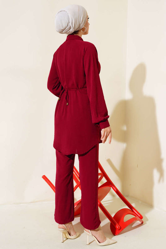 Önü Püskül Detaylı İkili Takım Bordo