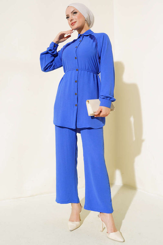 Fringe Detail Two-Piece Set Blue