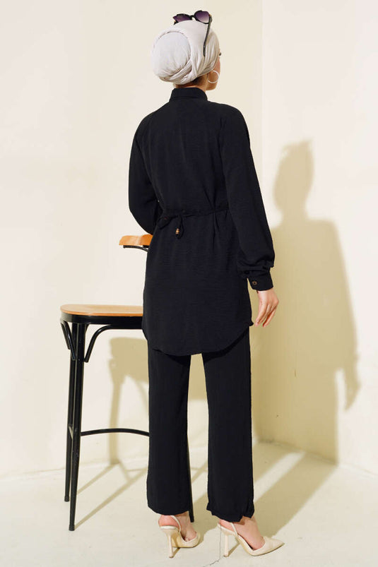 بدلة مزدوجة مع تفاصيل شرابة من الأمام، أسود