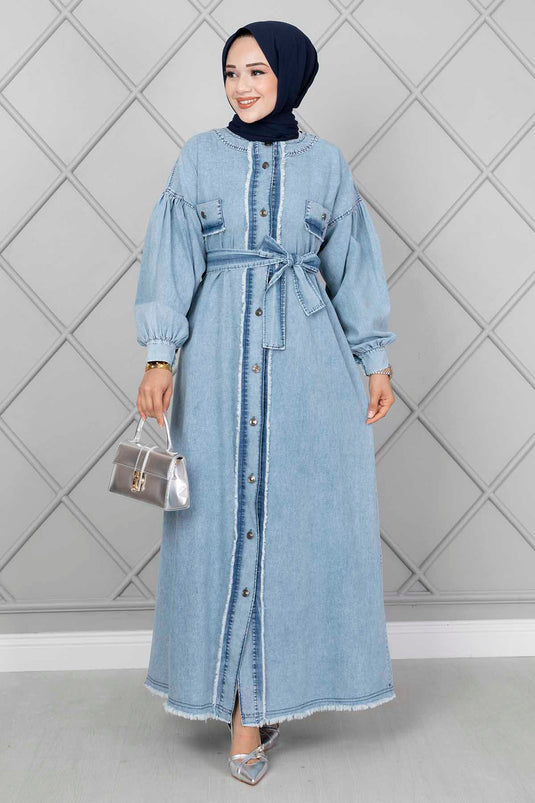 Fringed Detail Modest Denim Dress Light Blue