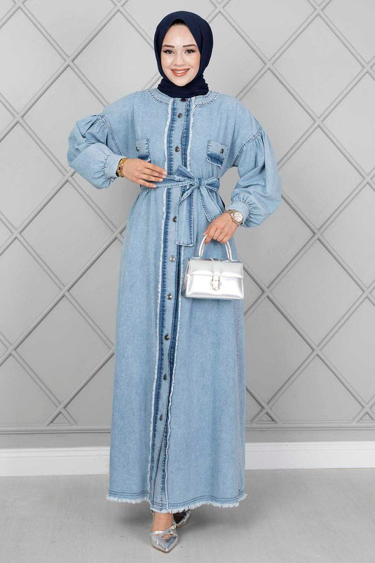Fringed Detail Modest Denim Dress Light Blue