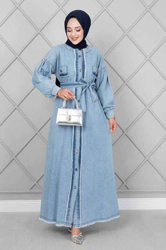 Fringed Detail Modest Denim Dress Light Blue