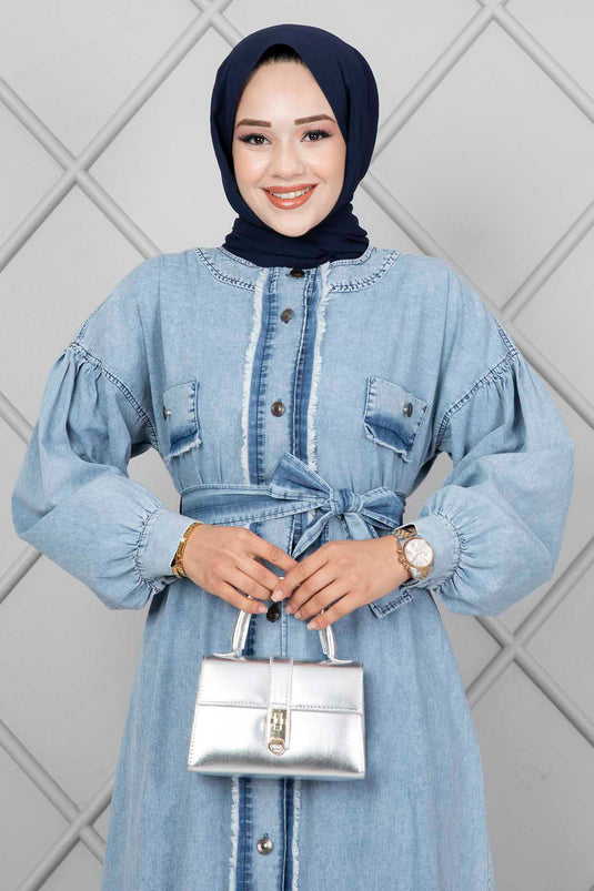 Fringed Detail Modest Denim Dress Light Blue