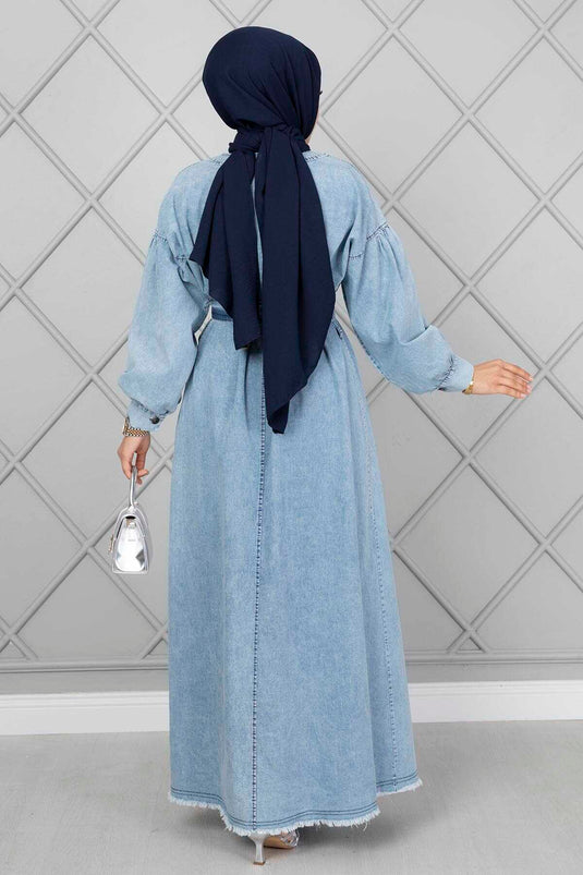 Fringed Detail Modest Denim Dress Light Blue