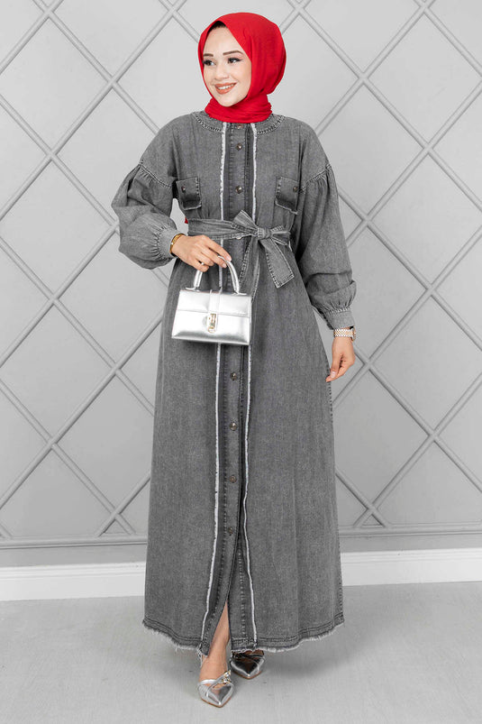 Önü Püskül Detaylı Tesettür Kot Elbise Füme