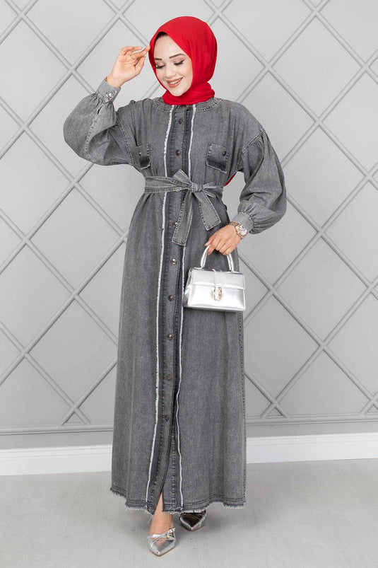 Önü Püskül Detaylı Tesettür Kot Elbise Füme