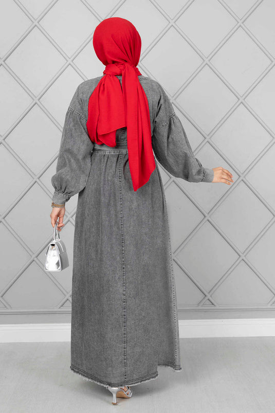 Önü Püskül Detaylı Tesettür Kot Elbise Füme