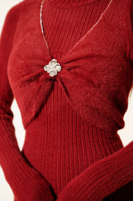 Burgundy Dress with Stone Detail on the Front and Bearded Design