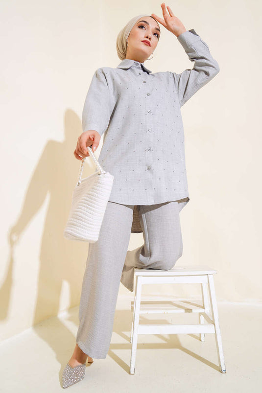 Önü Taş Detaylı Tunik İkili Takım Gri