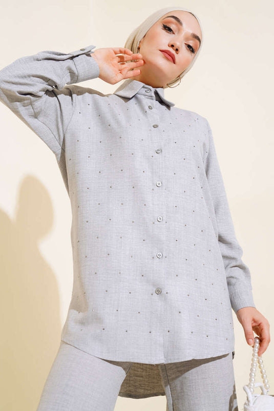 Önü Taş Detaylı Tunik İkili Takım Gri