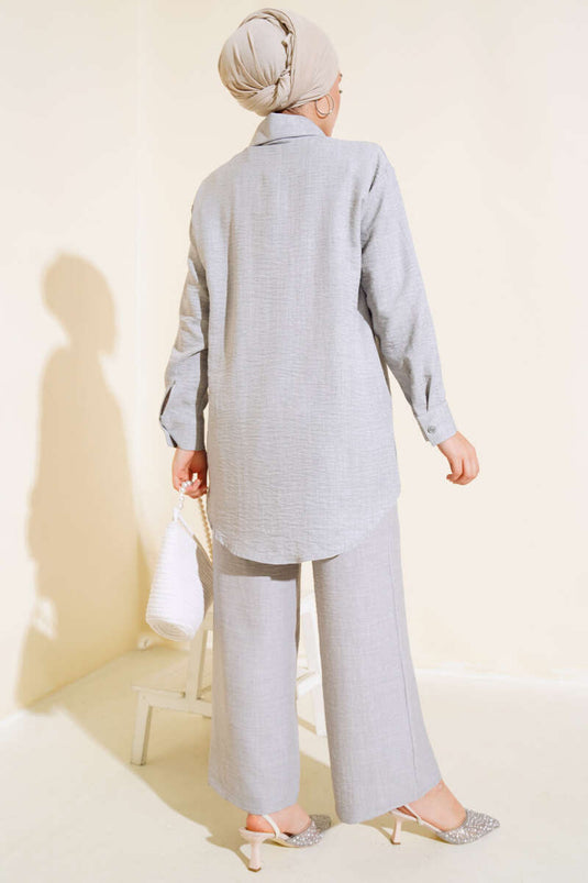 Önü Taş Detaylı Tunik İkili Takım Gri