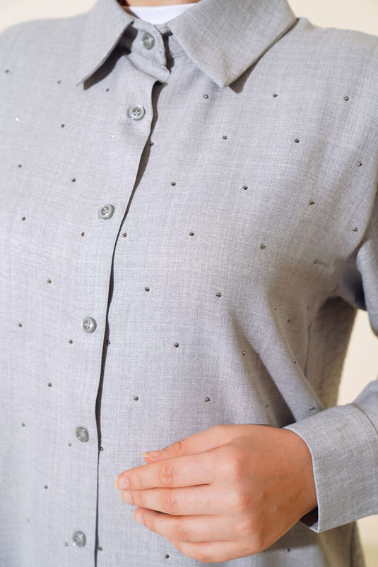 Önü Taş Detaylı Tunik İkili Takım Gri